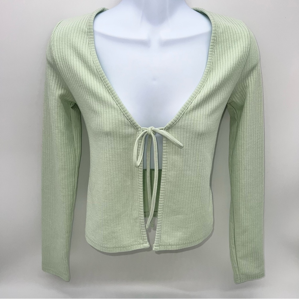 H&M Divided Women’s Light Green Ribbed Knit Open V Front Tie Cardigan-Size XL